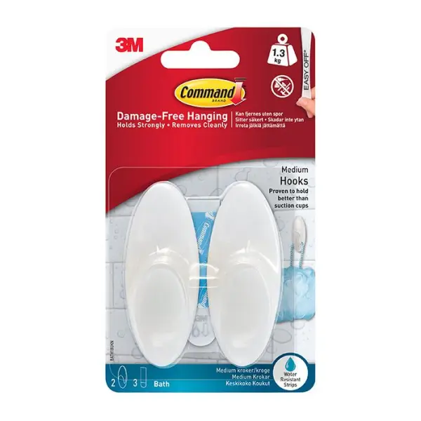 Command Bathroom Medium Bath Hook 1.3kg Capacity 2 Pack