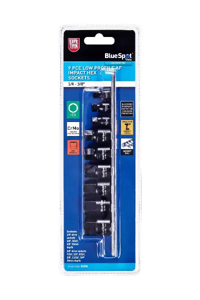 Blue Spot Tools - Set Soket Impak Profil Rendah 9 Keping (1/4-3/8)