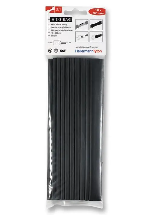 HELLERMANNTYTON 3:1 Heat Shrink Tubing Black, 12 x 200mm, 10 Pack
