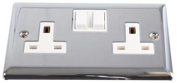 VOLEX Enchufe Doble con Interruptor 13A, Borde Angular, Cromo y Blanco