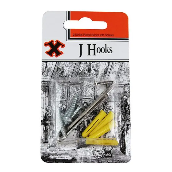 X Nickel Plated J Hooks, Blister Pack of 2