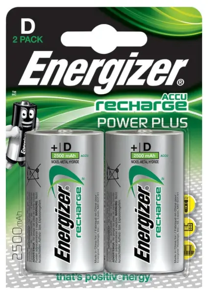 Energizer NiMH Rechargeable D Batteries, 2500mAh, 2-Pack