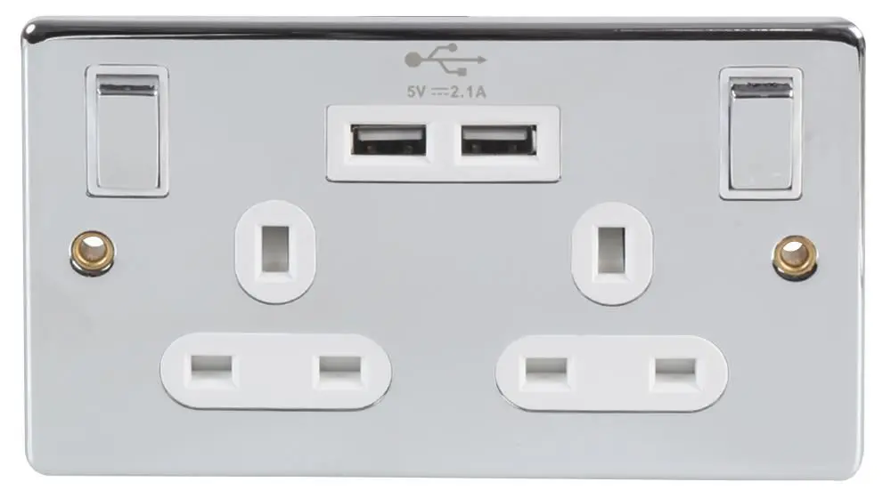 PRO ELEC - Sócmhainn Dhá Chlóigin le USB, Cróm, 13A