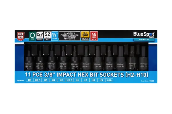 Blue Spot Tools 3/8'' 驱动冲击六角套筒组 11件套 (H2-H10)