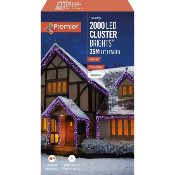 Premier 2000 LED Rainbow Christmas Cluster Lights with Timer, 25m