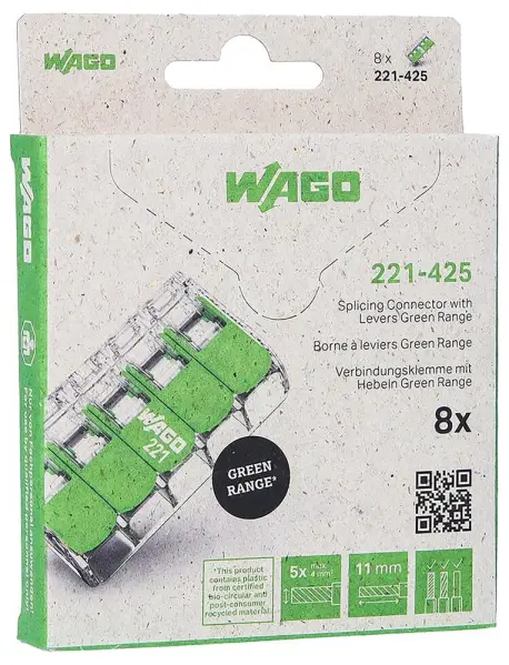 WAGO 5 Pole Lever Lock Splicing Connector 32A 450V Green Pack of 8