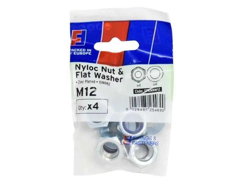 ForgeFix Juego de Tuerca Nyloc y Arandela, M12, Pack de 4, Zincado