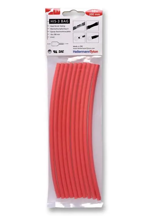 HELLERMANNTYTON 3:1 Heat Shrink Tubing, Red, 6mm x 200mm, 10 Pack