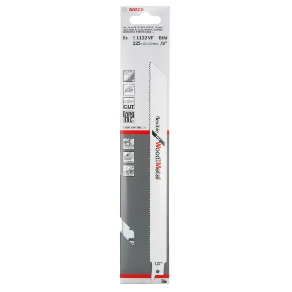 Bosch S1122VF Flexible Reciprocating Saw Blades, Wood & Metal, 225mm (5 Pack)