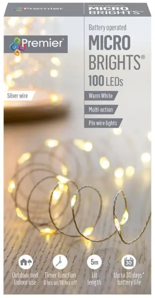 Raraion 100 LED Pin Wire Christmas Lights, Warm White, 5m