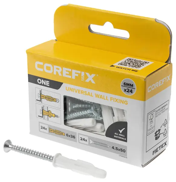 COREFIX One Universal Plasterboard & Masonry Wall Plugs & Screws Fixing Kit - 6mm x 36mm