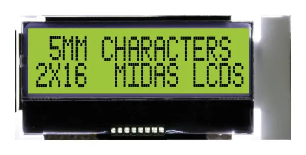 MIDAS DISPLAYS Alphanumeric LCD, 16x2, Black on Yellow/Green, 3-5V, I2C