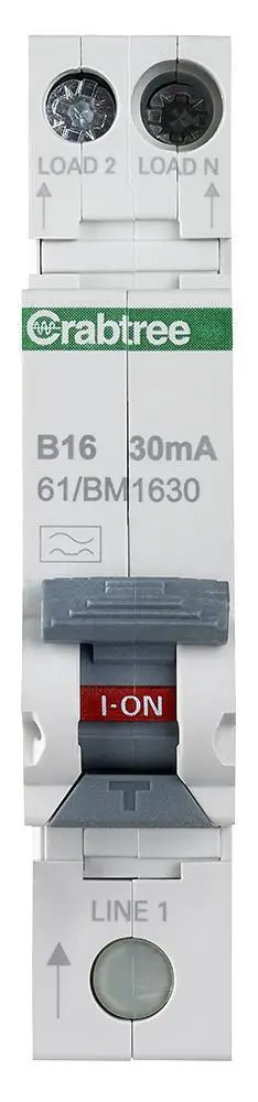 Crabtree 16A 30mA RCBO, Type B Curve, 2-Pole
