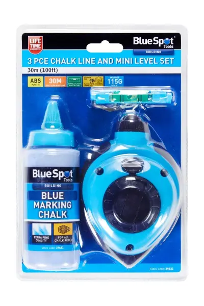 Blue Spot Tools 3-Piece Chalk Line and Mini Level Set 30Mtr (100ft)