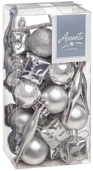 Premier Assorted Silver Festive Decorations, 37-Pack