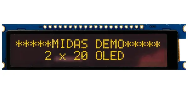 MIDAS DISPLAYS OLED Display Module 20x2 Yellow on Black