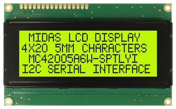 MIDAS DISPLAYS 20x4 LCD Module, Black on Yellow/Green, I2C, 5V