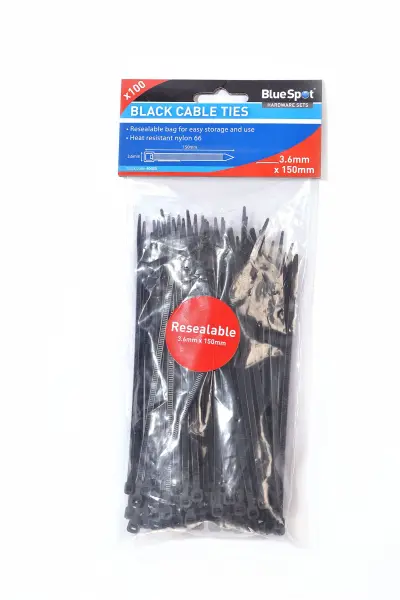Blue Spot Tools - 100 attaches de câble noires 3.6mm x 150mm en nylon résistant