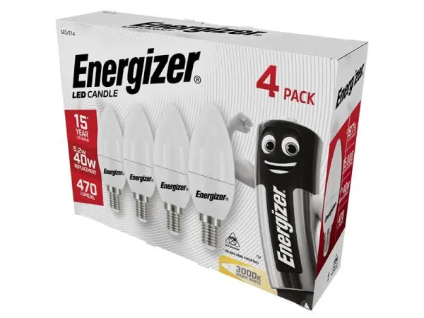 Energizer LED SES E14 Coinneal Bolgán, Geal Bog 470 lm, Pacáiste de 4