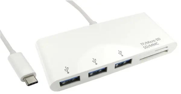 HiLo 3-Port USB 3.0 Hub with SD Card Reader, USB-C to USB-A, White