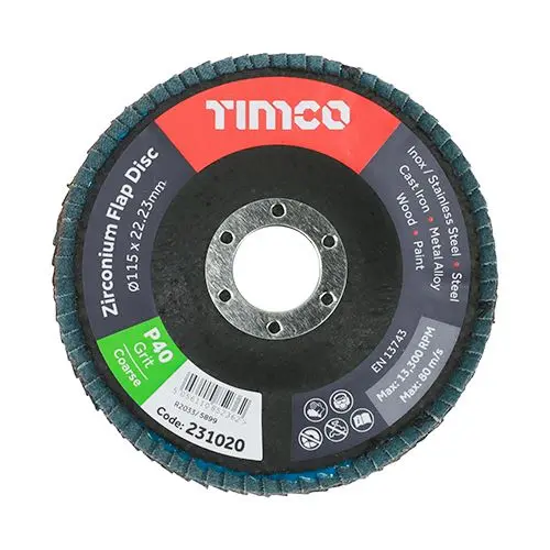 Timco Zirconium Flap Discs, Type 29 Conical, P40 Grit, 115 x 22.23mm, 10 Pack