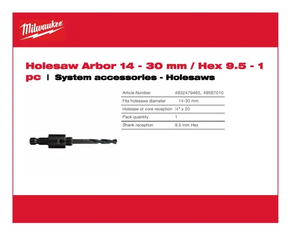 Milwaukee - Arbor Lubang Gergaji Heks 9.5/14-30mm - 1 Keping