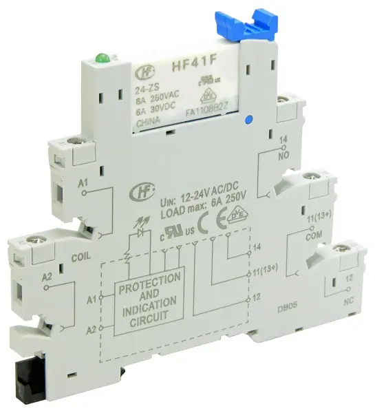 HONGFA - Single Pole Interface DIN Rail Relay Module, 6mm Wide, AC / DC, 6A - 12V