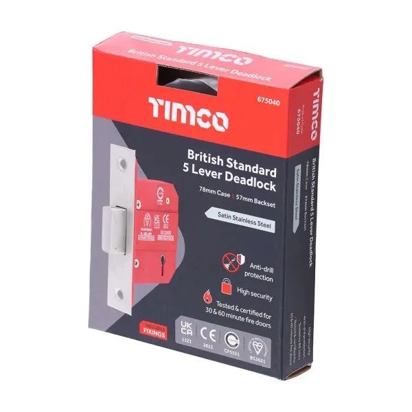 Serrure à larder Timco 5 leviers BS CE en acier inoxydable satiné - Boîtier 78,