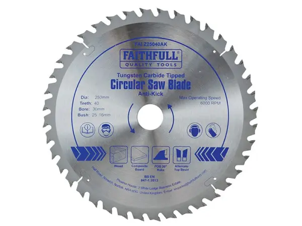Lame de scie circulaire anti-recul Faithfull 250 mm, 40 dents, carbure de tungu