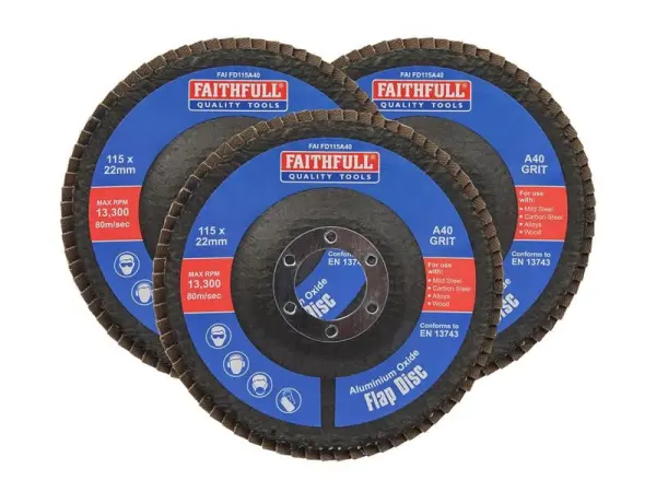 Faithfull Aluminium Oxide Flap Discs - 115 x 22mm 40 Grit (3 Pack)
