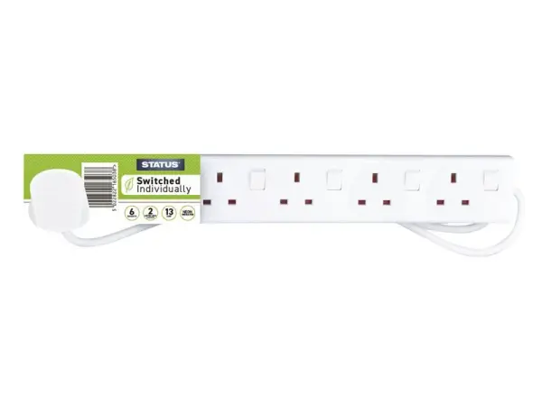 STATUS 6-Way Switched Extension Socket with 2m Cable, White