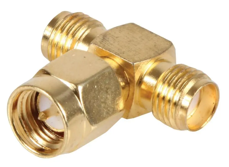 RF SOLUTIONS - T-oiriúnachan SMA plátáilte óir, 50 Ohm, Plug chuig 2 Socket