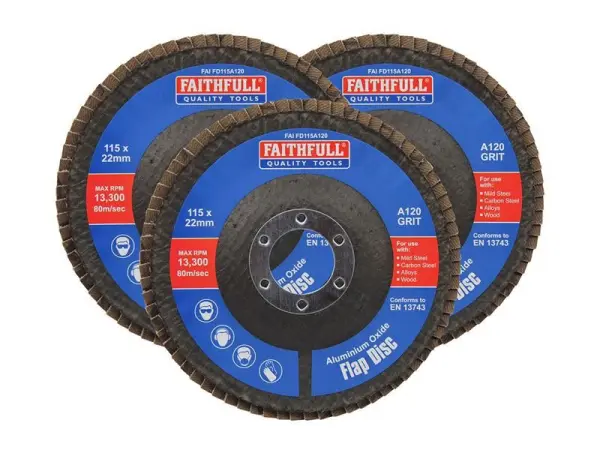 Faithfull Aluminium Oxide Flap Discs - 115 x 22mm 120 Grit (3 Pack)