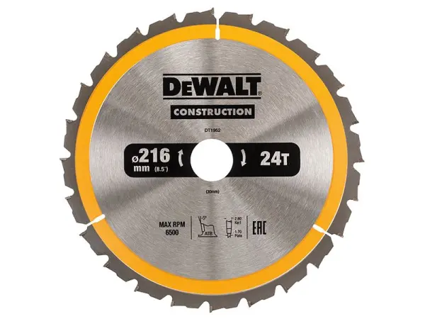 DEWALT Construction Circular Saw Blade 216mm x 30mm, 24T ATB/Neg