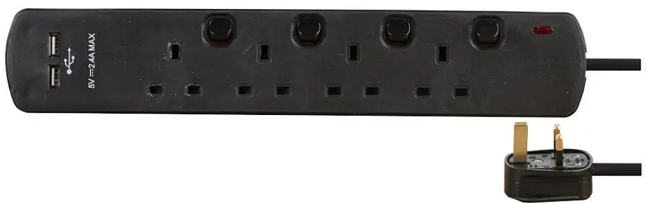PRO ELEC 4-Gang 2m Extension Lead with Dual USB Ports, Black