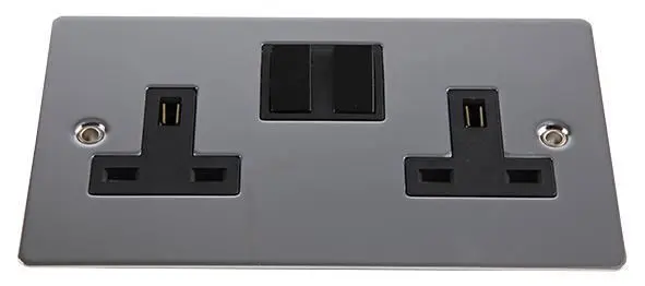 VOLEX Soket 2 Gang 13A Dwi-Kutub, Chrome Kilat / Hitam