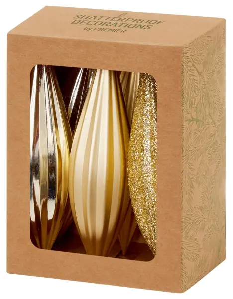 Premier Decorations 11cm Champagne Gold Glitter Bauble Drops, Pack of 6