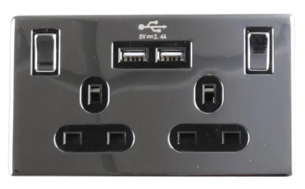 PRO ELEC 2 Gang Screwless Switched Socket with 2x USB Ports, Chrome