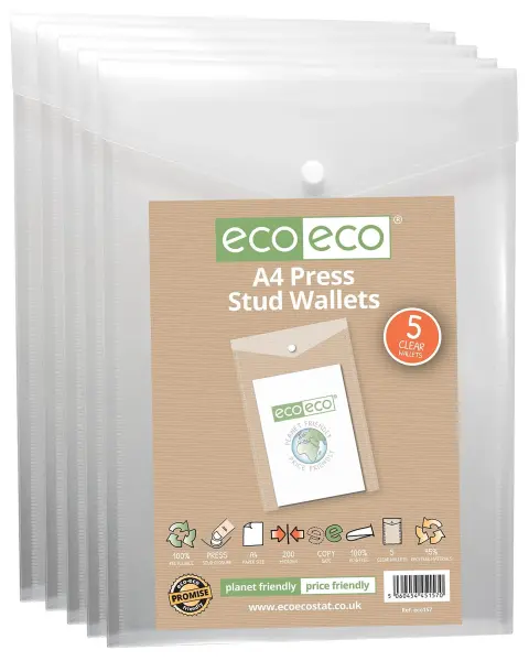 ECO-ECO A4 Portrait Press Stud Wallets Clear 5 Pack