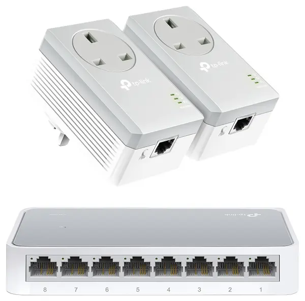 TP-LINK AV600 Powerline Passthrough Starter Kit with Free 8-Port Switch