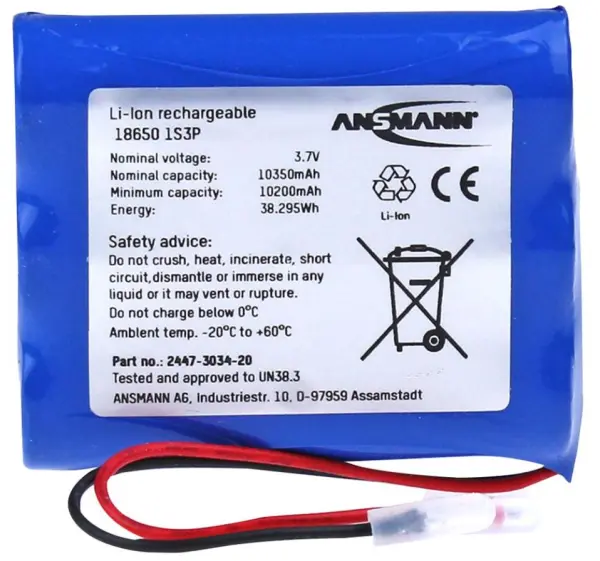 ANSMANN 3.7V 10500mAh Li-Ion Battery Pack with Protection Circuit