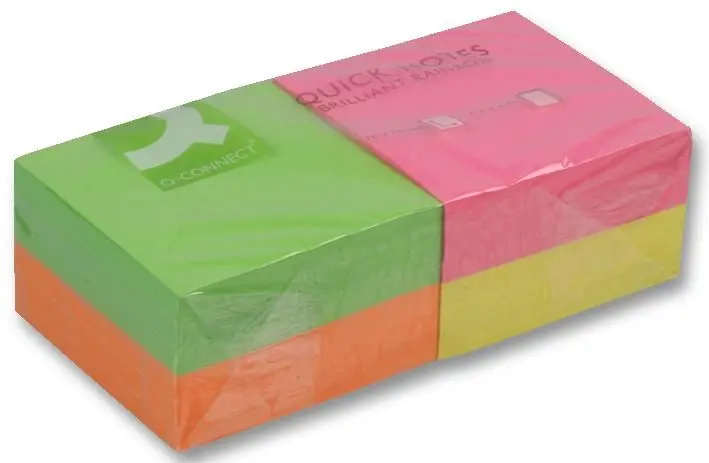 Bloc-notes autocollants néon Q Connect, 75x75mm, arc-en-ciel, paquet de 12