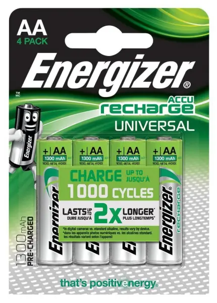 Energizer - Piles rechargeables NiMH AA 1300mAh, Lot de 4