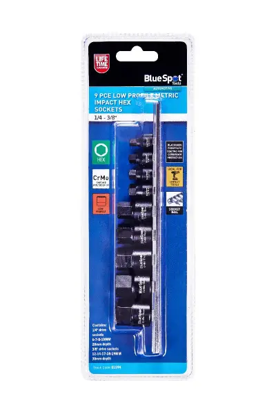Blue Spot Tools 9件1/4-3/8''低高度公制冲击内六角套筒组(6-19mm)