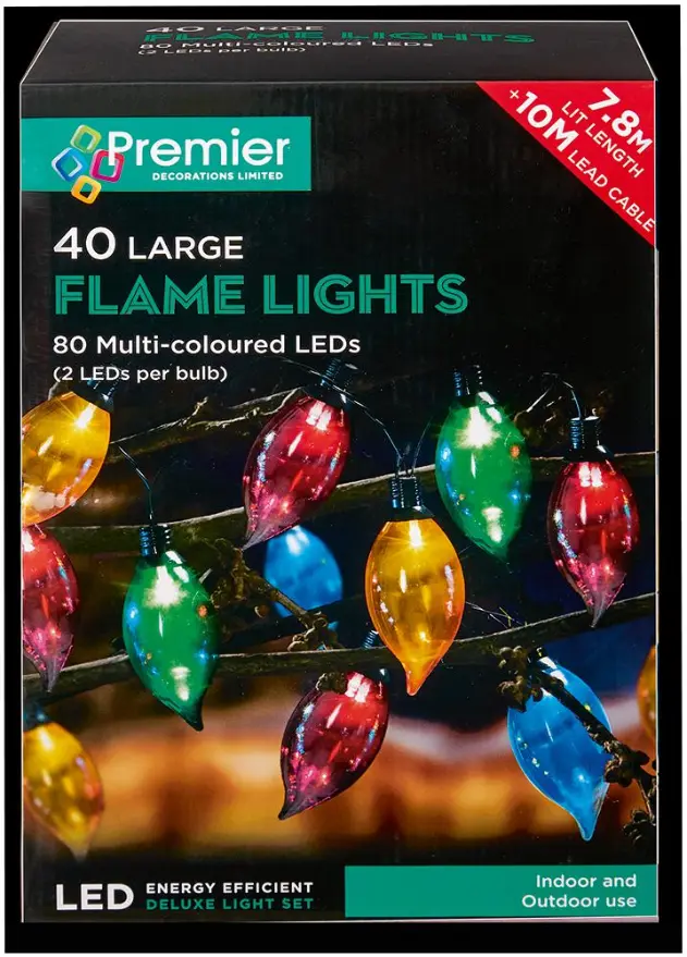 Raraion 40 Flame Lights with 80 Multicoloured LEDs, 10m Lead