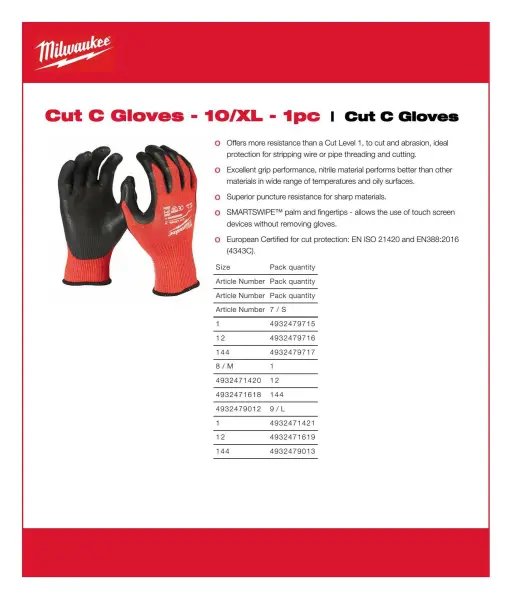 Gants résistants aux coupures Milwaukee - Certification EN388 - Taille XL