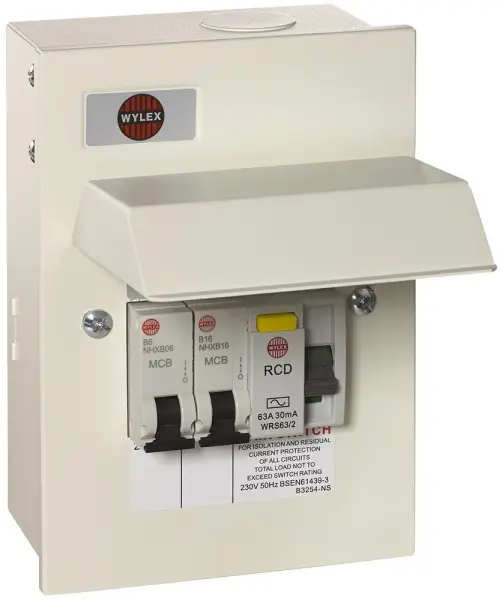 WYLEX 2-Weg Metall-Garagenverteilerkit, 63A 30mA FI-Schalter, 6A & 16A LS-Schüt