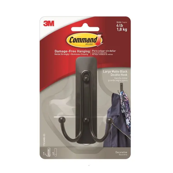Command Large Matte Black Double Hook, 1.8kg Limit