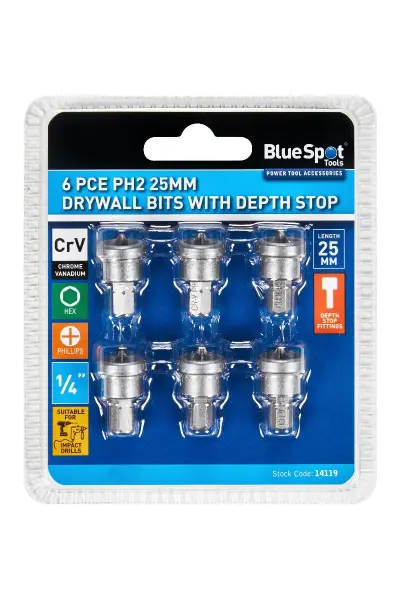Blue Spot Tools - 6件套PH2 25mm石膏板螺丝批头套装