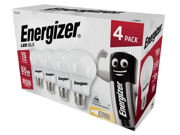 Energizer® נורת לד E27, אור לבן חם, 806 לומן, 8.2W (חבילה 4 נורות)